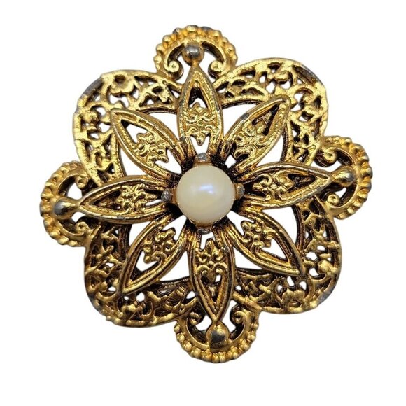 Tacoa Jewelry - Tacoa Signed Brooch Gold Tone Filigree Flower Center Pearl